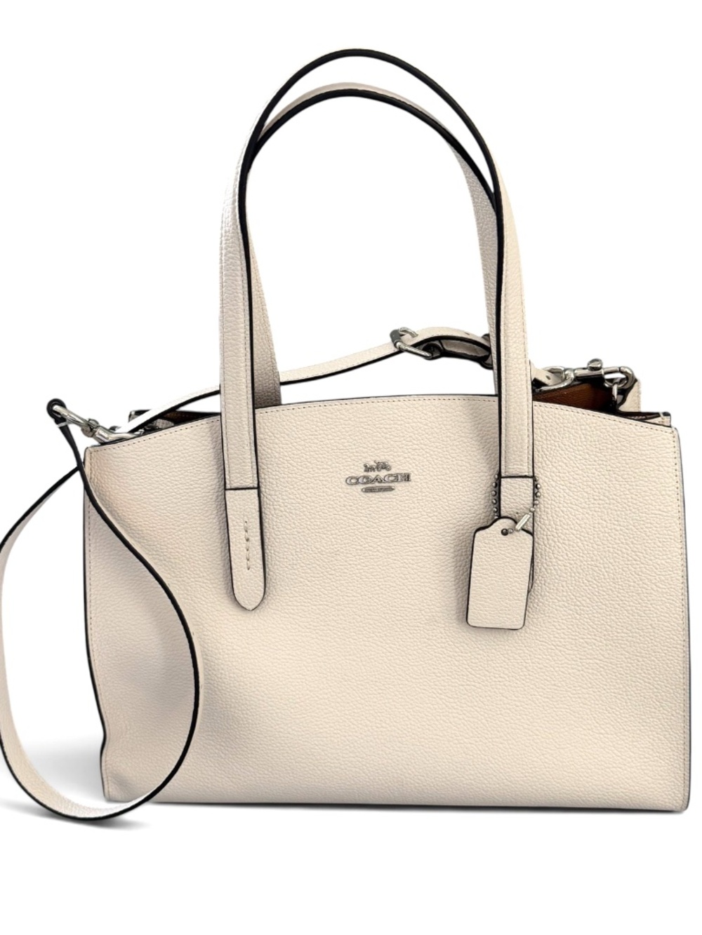 Coach Charlie Carryall Bag 25137 Chalk Winter White Pebble Leather Work Tote